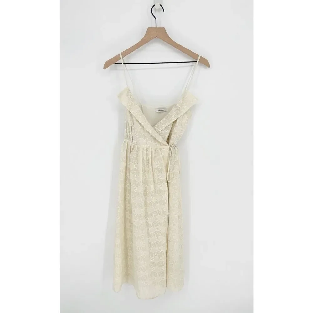 NEW Madewell Embroidered Pleated Wrap Dress Midi Sleeveless in Ivory Women's S